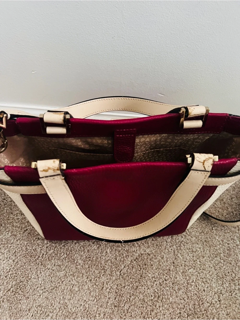 kate spade’s Leo Houston Two-Tone Burgundy and Cream Structured Satchel